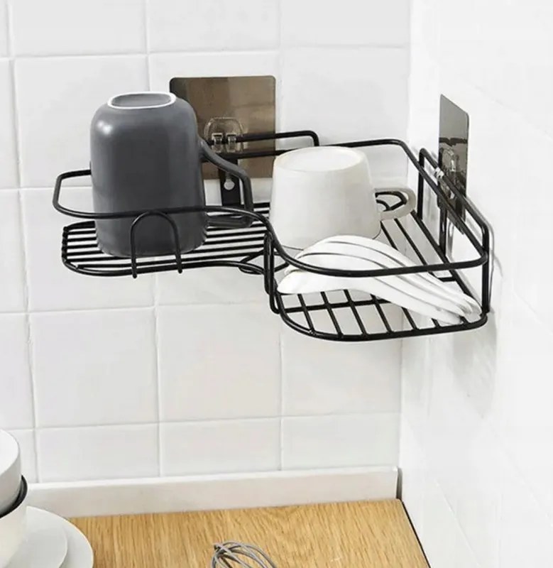 Rohová kúpeľňová polička bez vŕtania NEO, čierna