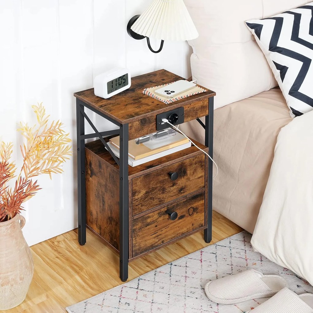 Noční stolek Vasagle Zrava s nabíjecí stanicí 60 cm hnědý/černý