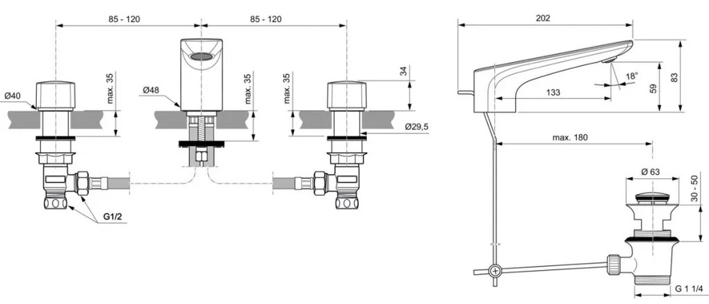 Ideal Standard Conca - Umývadlová 3-otvorová batéria s odtokovou garnitúrou, chróm BC759AA