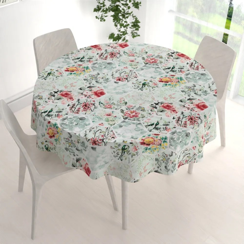 Biante Bavlnený okrúhly obrus Sandra SA-415 Kvety na mintovom hexagóne Ø 60 cm