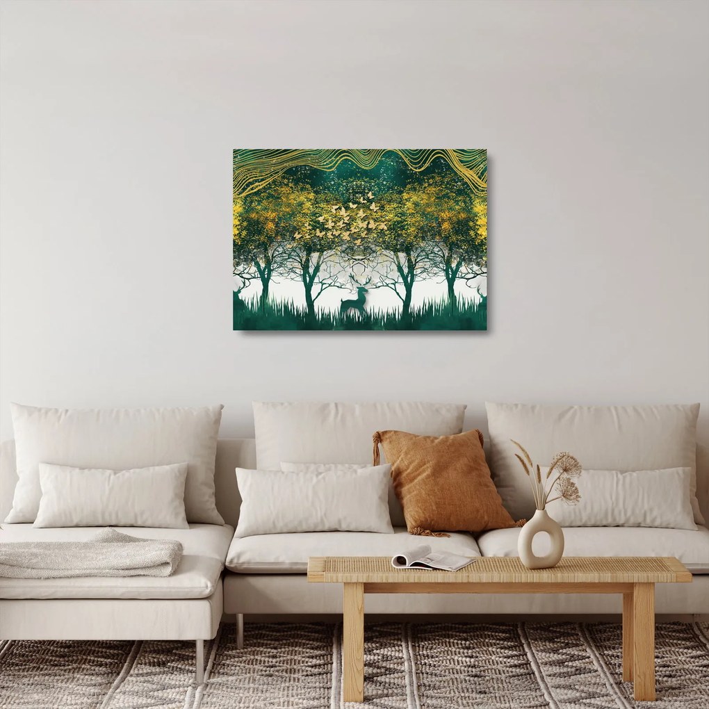 Sklenený obraz - Jelene v zelenom lese (70x50 cm)