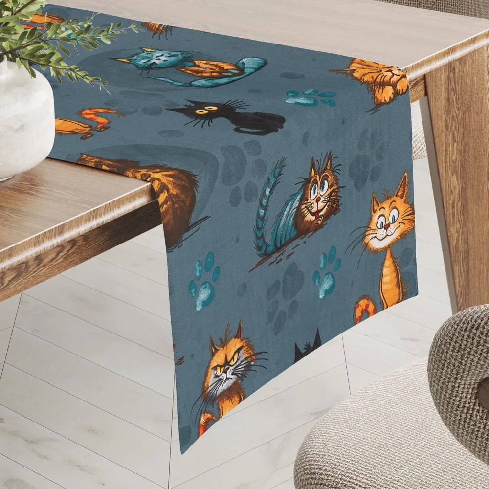 Biante Detský bavlnený behúň na stôl Sandra SA-705 Mačacia partia na tmavo sivomodrom 45x120 cm