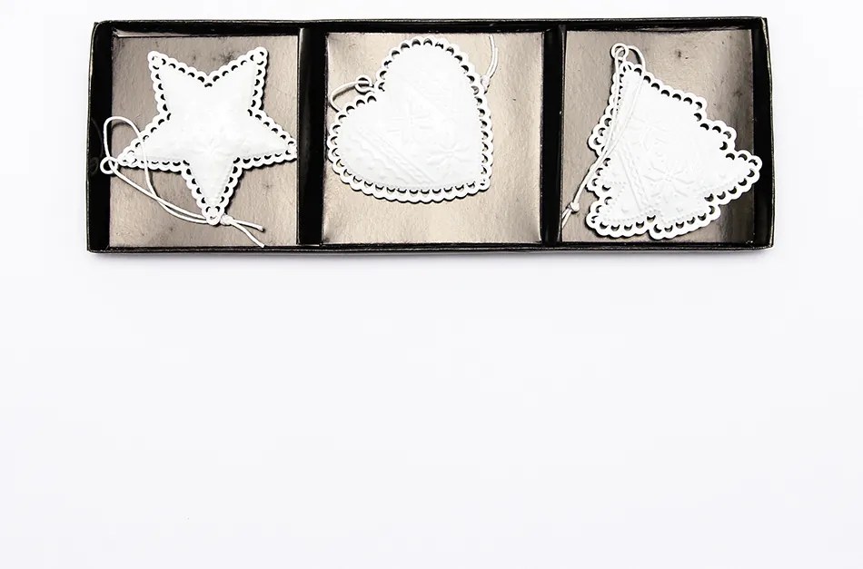 DECOLED Závěsná kovová dekorace, set: hvězda, srdce, strom 7 cm