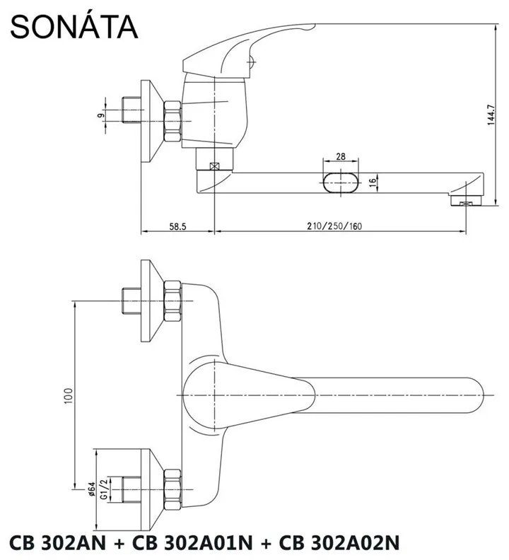 Mereo, Drezová nástenná batéria, Sonáta, s ramienkom plochým rovným 210 mm, chróm, MER-CB302AN