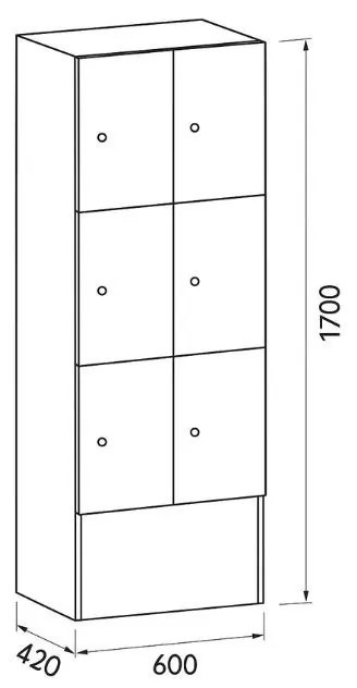 Drevená odkladacia skrinka S5 s úložnými boxami, 6 boxov, 1700 x 600 x 420 mm, cylindrický zámok, orech