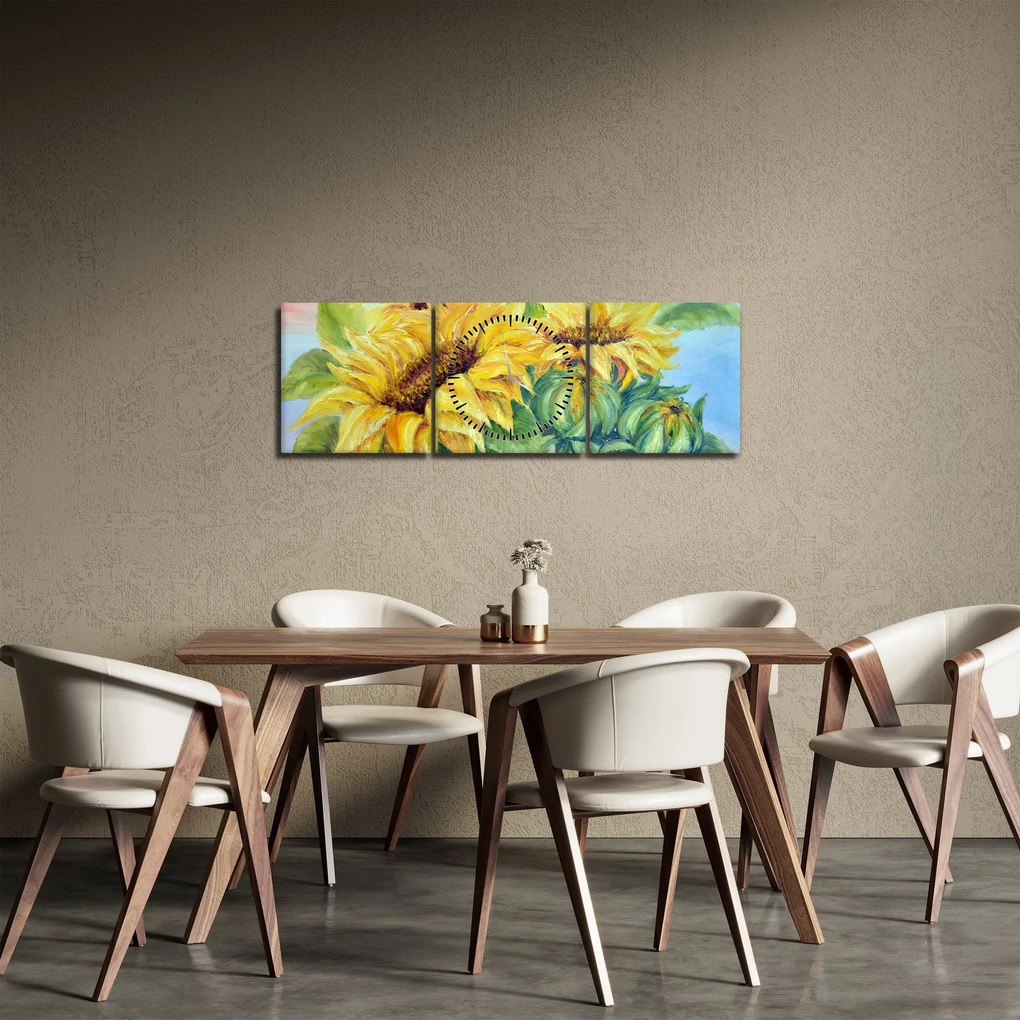 Obraz rozkvitnutých slnečníc (s hodinami) (90x30 cm)
