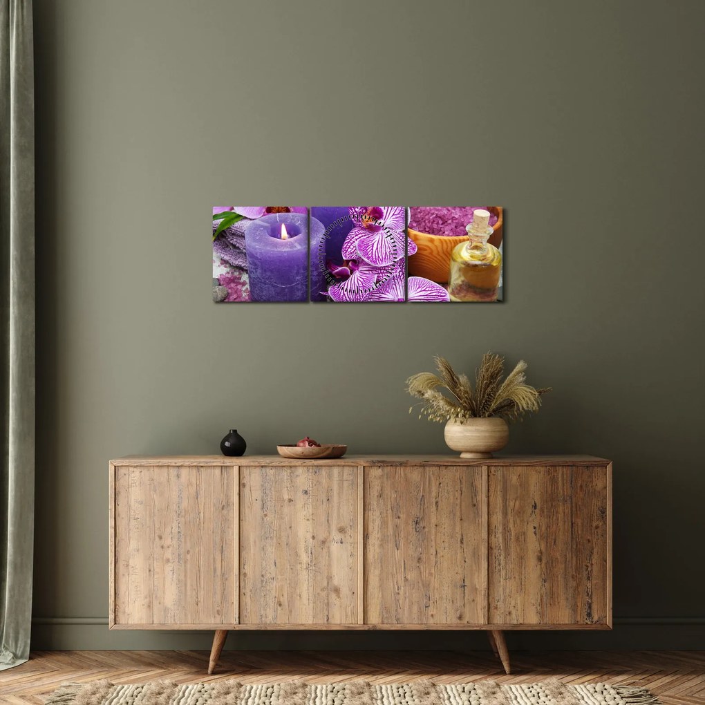 Obraz orchideí a sviečok (s hodinami) (90x30 cm)