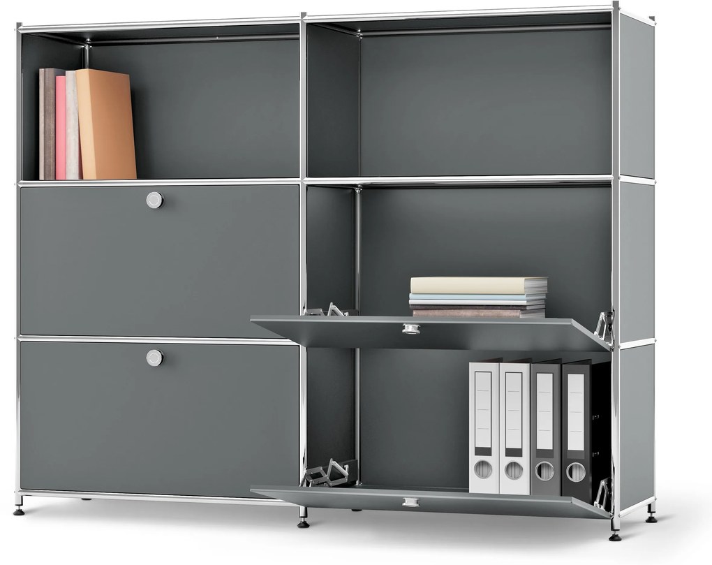 Kovová komoda »CN3« s premiestniteľnými výklopnými priečinkami, sivá