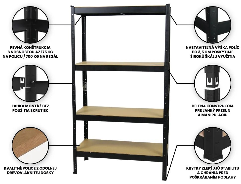 Fistar Regál 1800x900x300 mm lakovaný 4-policový, nosnosť 700 kg - ČIERNY