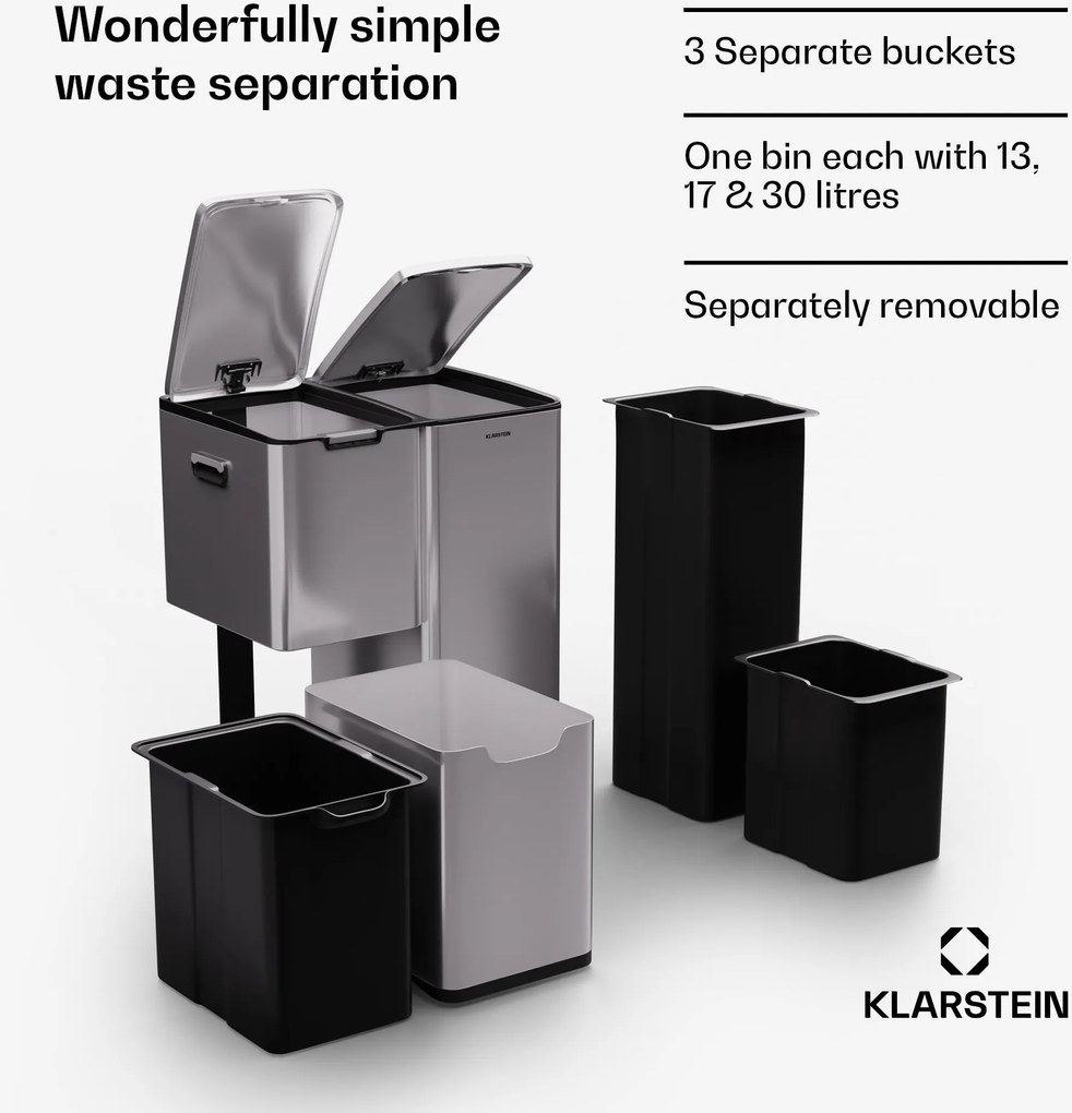 Klarstein Tiyo 3 v 1, kôš na odpadky, 60 litrov, vyberateľný kôš, s mäkkým zatváraním
