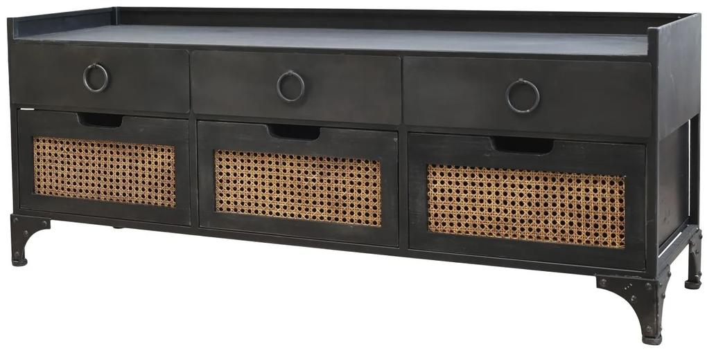 Čierna drevená lavica s ratanovým výpletom Channie - 122*36*49cm