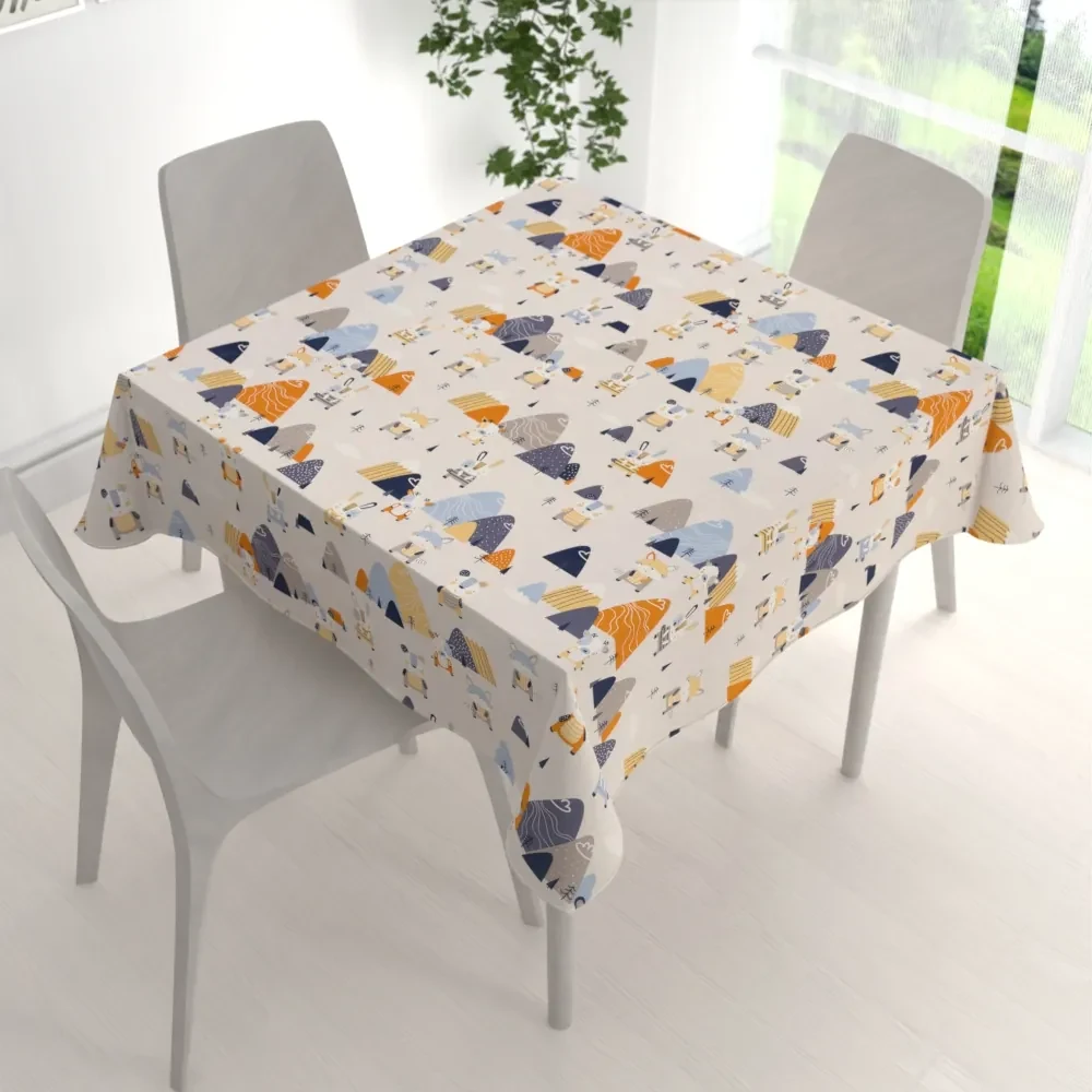 Biante Detský bavlnený štvorcový obrus Sandra SA-613 Modro-oranžové lesné zvieratká na bledo sivom 70x70 cm