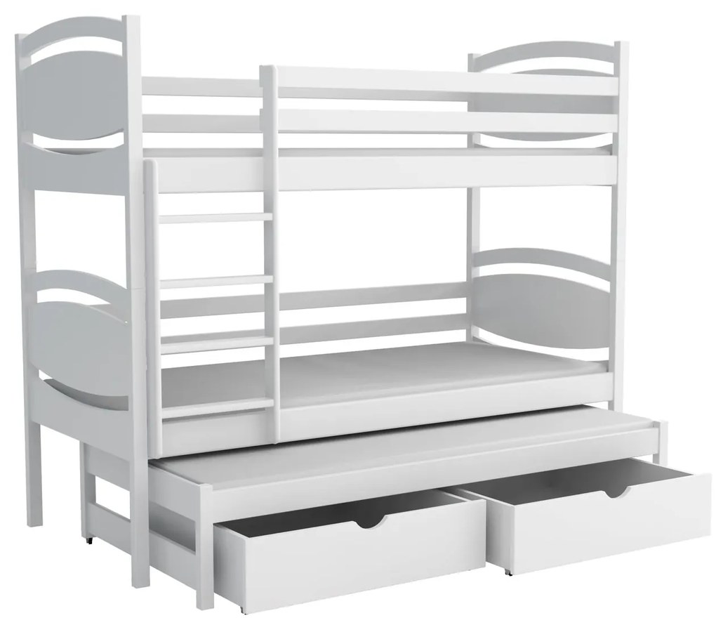 Detská poschodová posteľ z masívu borovice EMA s prístelkou a šuplíky - 200x90 cm - BIELA