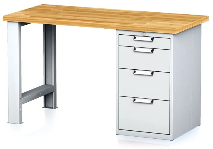 Dielenský pracovný stôl MECHANIC I, pevná noha + dielenský box na náradie, 4 zásuvky, 1500 x 685 x 880 mm, sivé dvere
