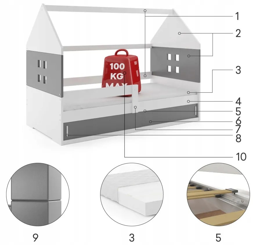 BMS Group Detská posteľ domček DOMI 1 sivá - biela 160x80cm