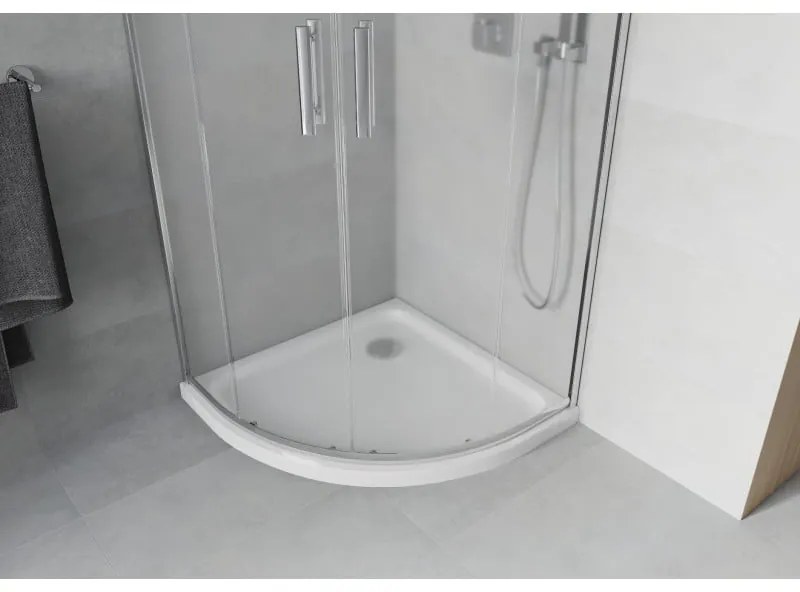 Mexen Rio, štvrťkruhový sprchovací kút s posuvnými dverami 90 x 90 cm, 6mm sklo námraza, chrómový profil + biela sprchová vanička, 863-090-090-01-30-4110
