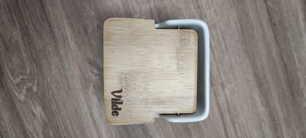 VILDE 2. akosť - Hranatá keramická cukornička /soľnička s bambusovým viečkom a lyžičkou, 250ml VILDE, biela