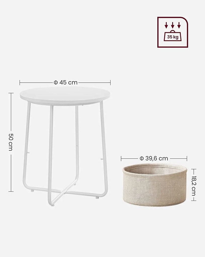 VASAGLE Okrúhly odkladací stolík s textilným košom biely