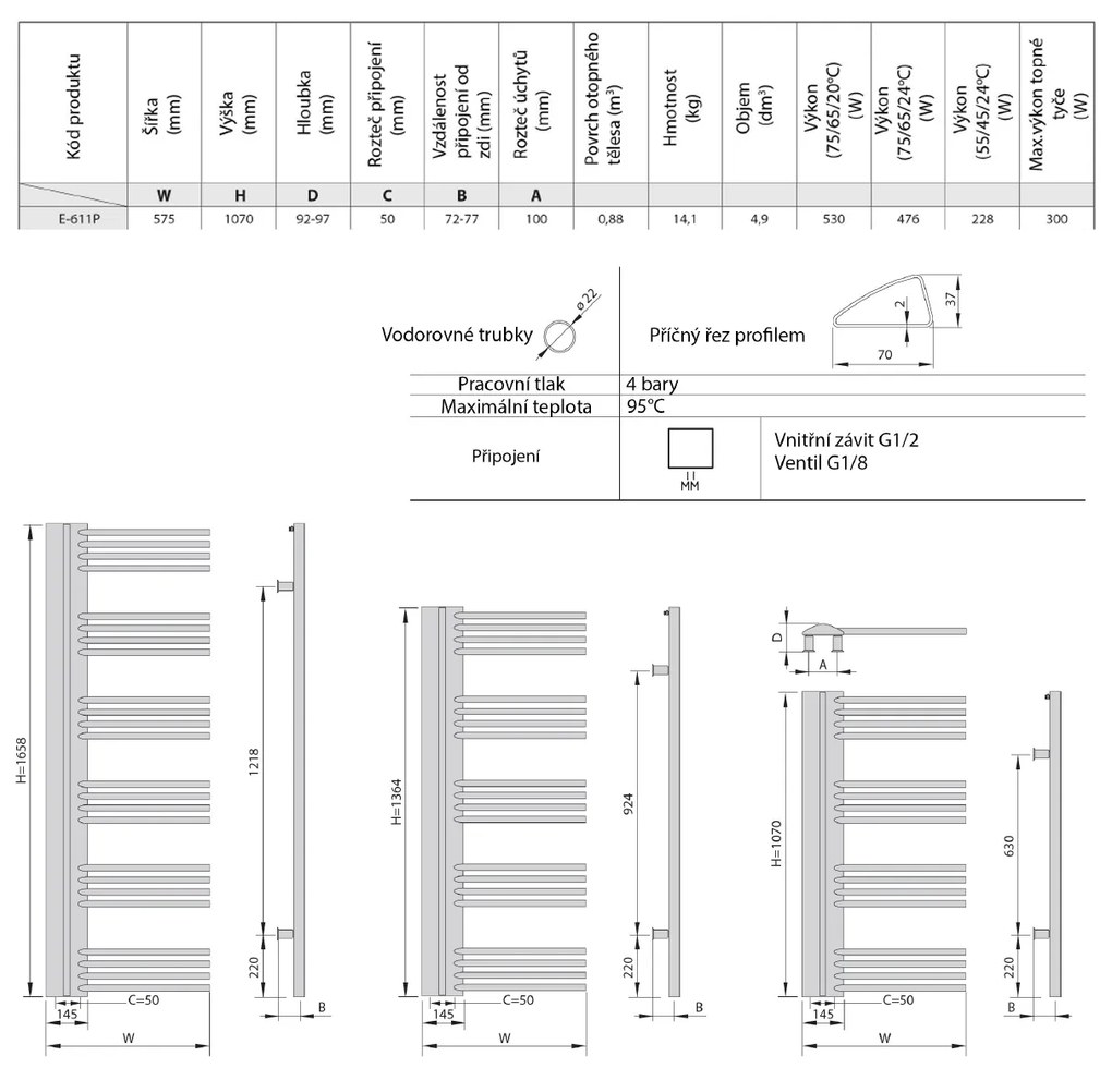 Sapho, ELIT P vykurovacie teleso pravé 575x1070mm, 530W, strieborná