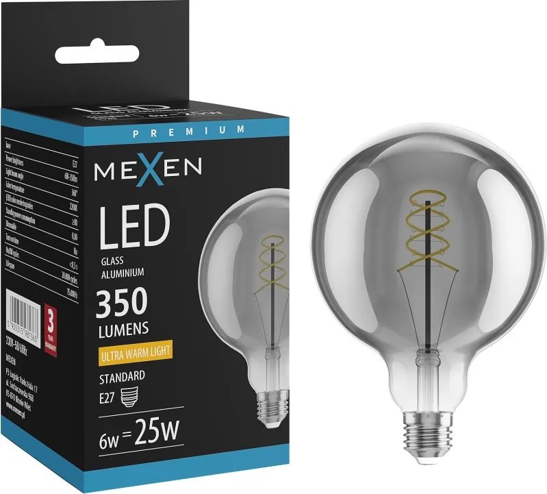 Mexen Vintis, LED žiarovka špirála E27, G125, 6W, Teplá - 2200K, 350 lm, dymová - L168-E27-0622-70