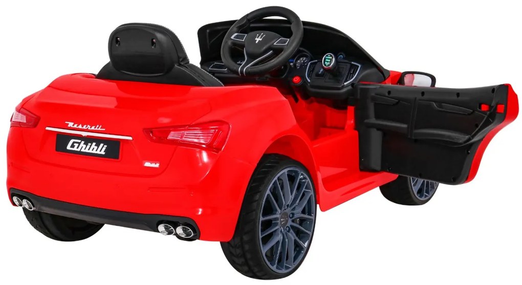 Detské auto Maserati Ghibli na batérie, červené + diaľkové ovládanie + pomalý štart + EVA + MP3, USB + LED
