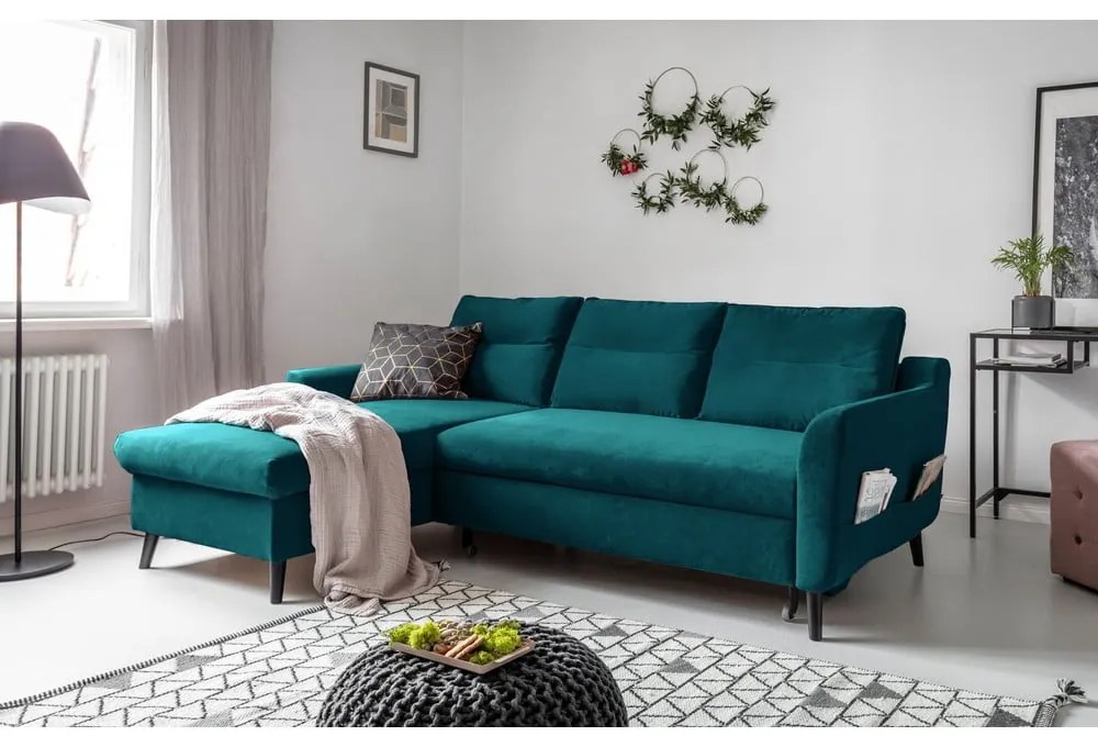 Tyrkysovomodrá zamatová rozkladacia rohová pohovka Miuform Stylish Stan, ľavý roh