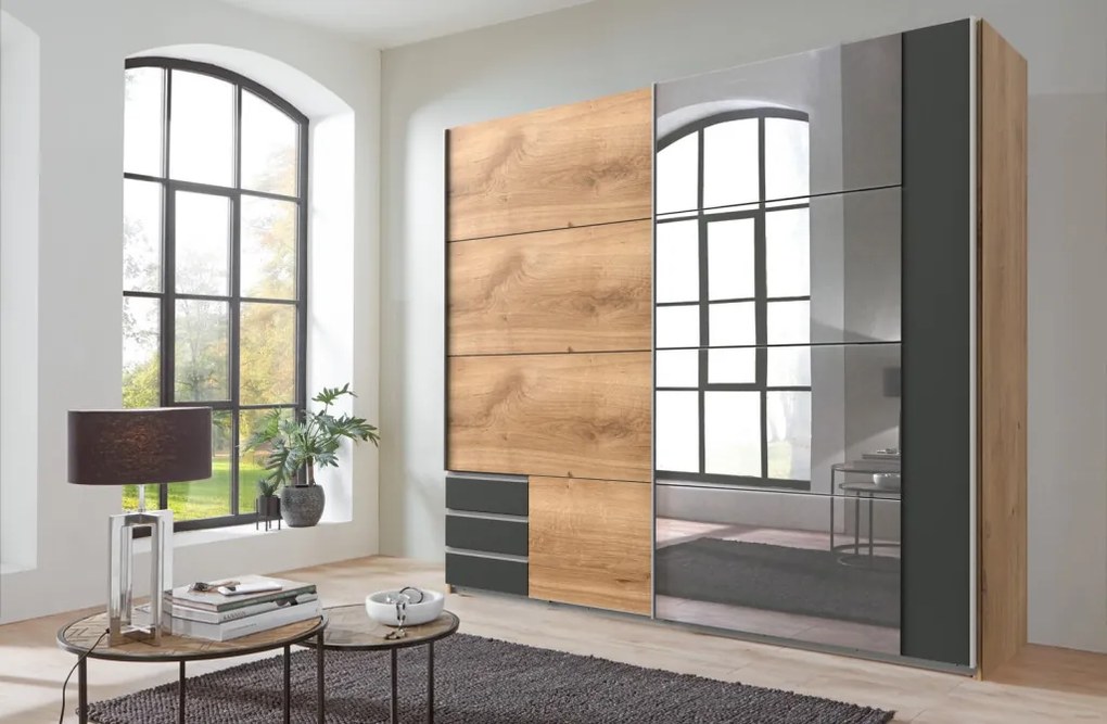 Šatníková skriňa so zrkadlom Emden, 225 cm, doskový dub/grafit