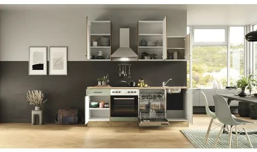 Kuchynská linka so spotrebičmi Cara 220 cm farba čela zelená dub matná farba korpusu dub