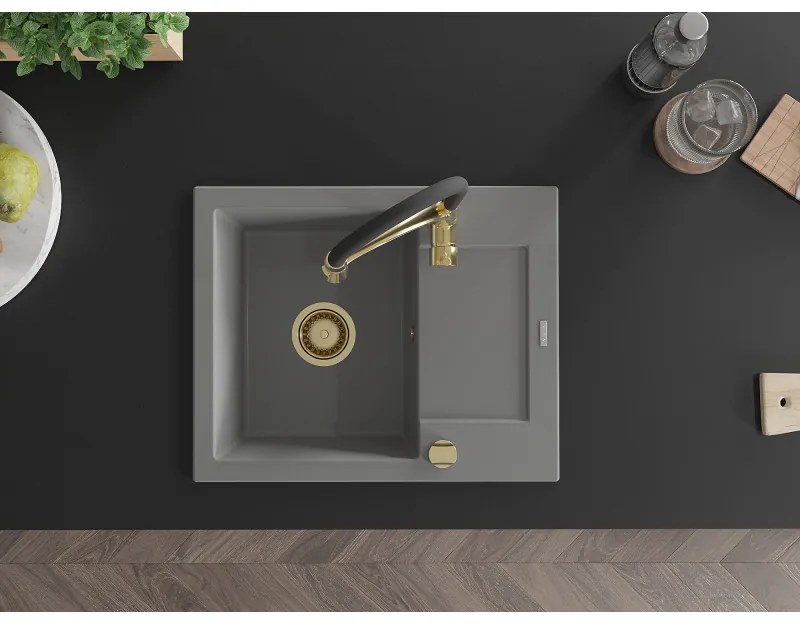 Mexen Enzo, 1-komorový granitový drez 576x465x174 mm a drezová batéria Aster, šedá, 6506-71-73450-57-G