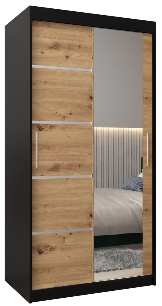 Šatníková skriňa 100 cm so zrkadlom Verika 2 100 (čierna + dub artisan). Akcia -50%. Vlastná spoľahlivá doprava až k Vám domov. 1063760