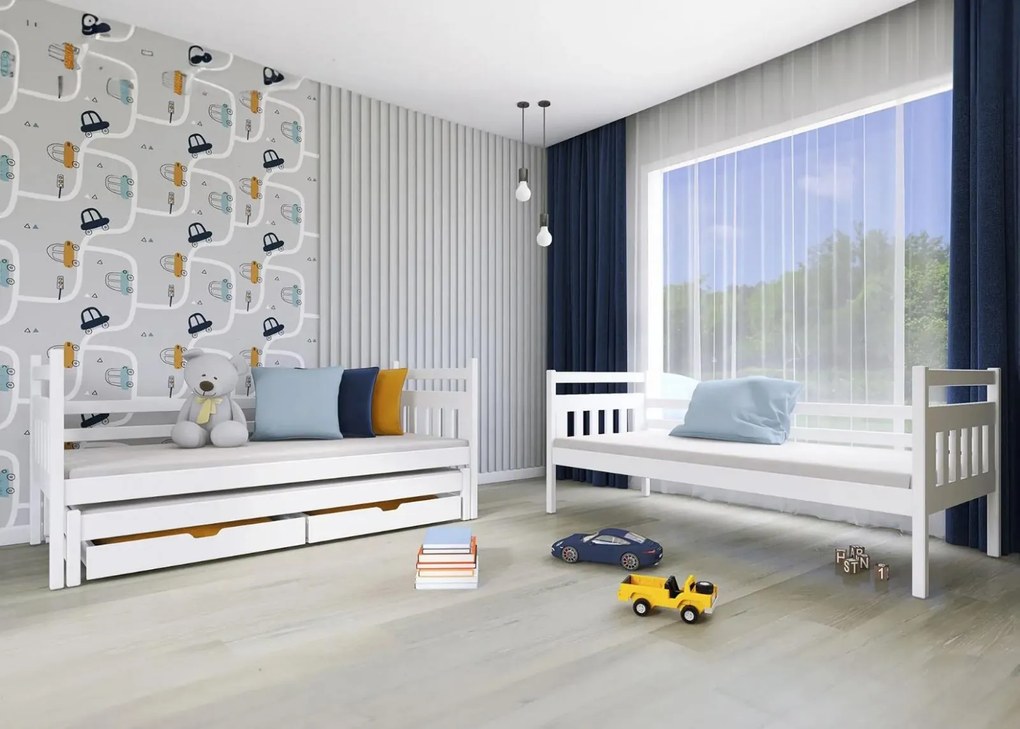 Detská poschodová posteľ z masívu borovice SEVERUS s prístelkou a šuplíky - 200x90 cm - biela