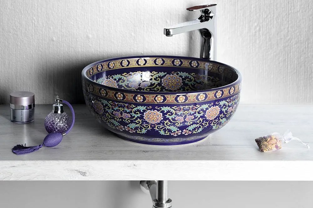 Sapho Sapho, PRIORI keramické umývadlo, priemer 41 cm, 15 cm, fialová s ornamentami, PI022
