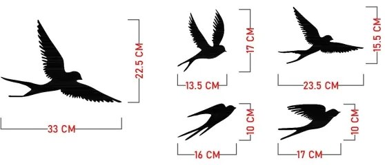 SADA 5x Nástenná dekorácia vtáci kov