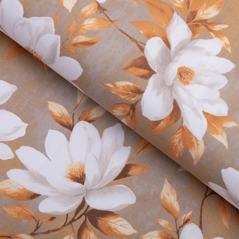 Biante Bavlnený behúň na stôl Sandra SA-717 Biele kvety magnólie na hnedosivom 35x160 cm
