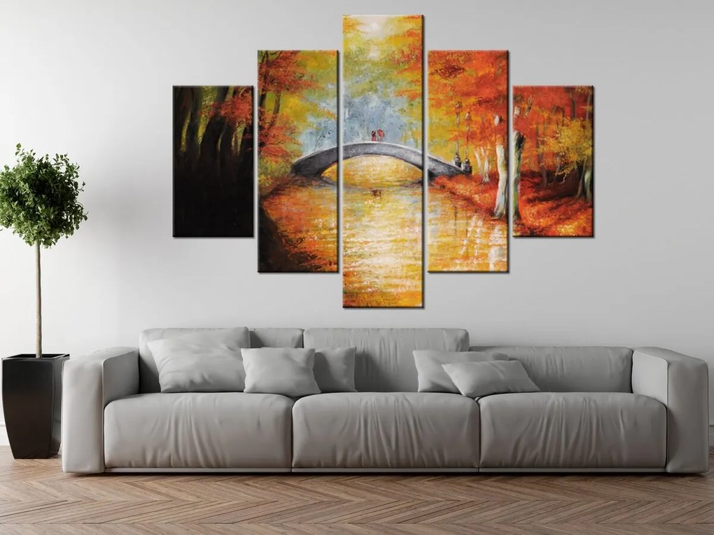 Gario Ručne maľovaný obraz Po jesennom moste - 5 dielny Rozmery: 100 x 70 cm