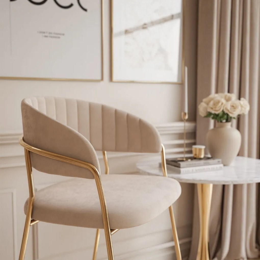 BAROVÁ STOLIČKA NATALY BÉŽOVÝ ZAMAT + ZLATÉ OCEĽOVÉ NOHY