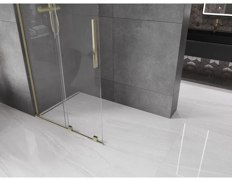 Mexen Velar L, posuvná sprchová zástena Walk-in 110 x 200 cm, 8mm číre sklo, zlatá lesklá, 871-110-003-03-50