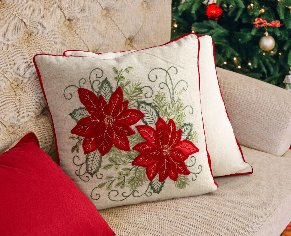 EUROFIRANY VIANOČNÁ DEKORAČNÁ OBLIEČKA NA VANKÚŠ POINSETTIA 45X45 CM VZOROVANÁ