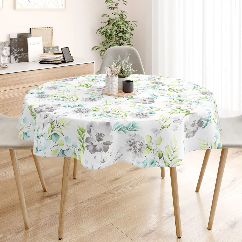 Goldea okrúhly obrus 100% bavlnené plátno deluxe - eukalyptus s kvety Ø 140 cm