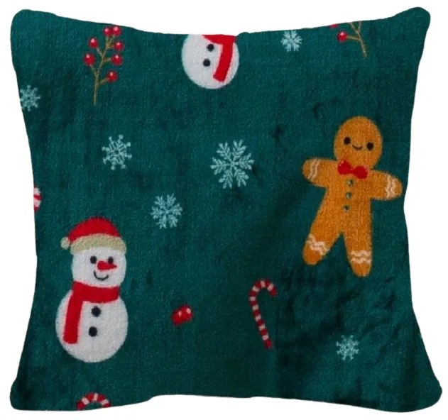 Mikroplyšový poťah na vankúšik SNOWMAN AND GINGERBREAD 45x45 cm, zelený