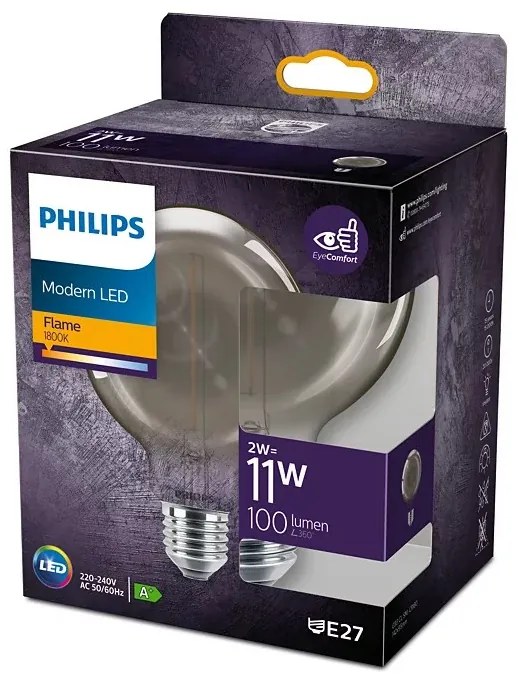 LED žiarovka Globe E27 G93 2W = 11W 100lm 1800K Warm Filament Smoke PHILIPS