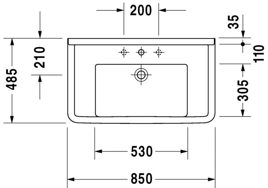 Duravit Starck 3 - Umývadlo do nábytku 850x485 mm, 3 otvory pre batériu prepichnuté, biela 0304800030