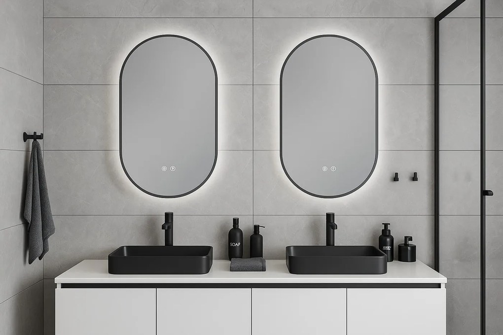 Erga Freya, oválne LED zrkadlo 60x100cm v čiernom kovovom ráme, 3 farby svetla, zadné osvetlenie, vyhrievacia podložka proti zapareniu, ERG-V01-FREYA-6010-BK