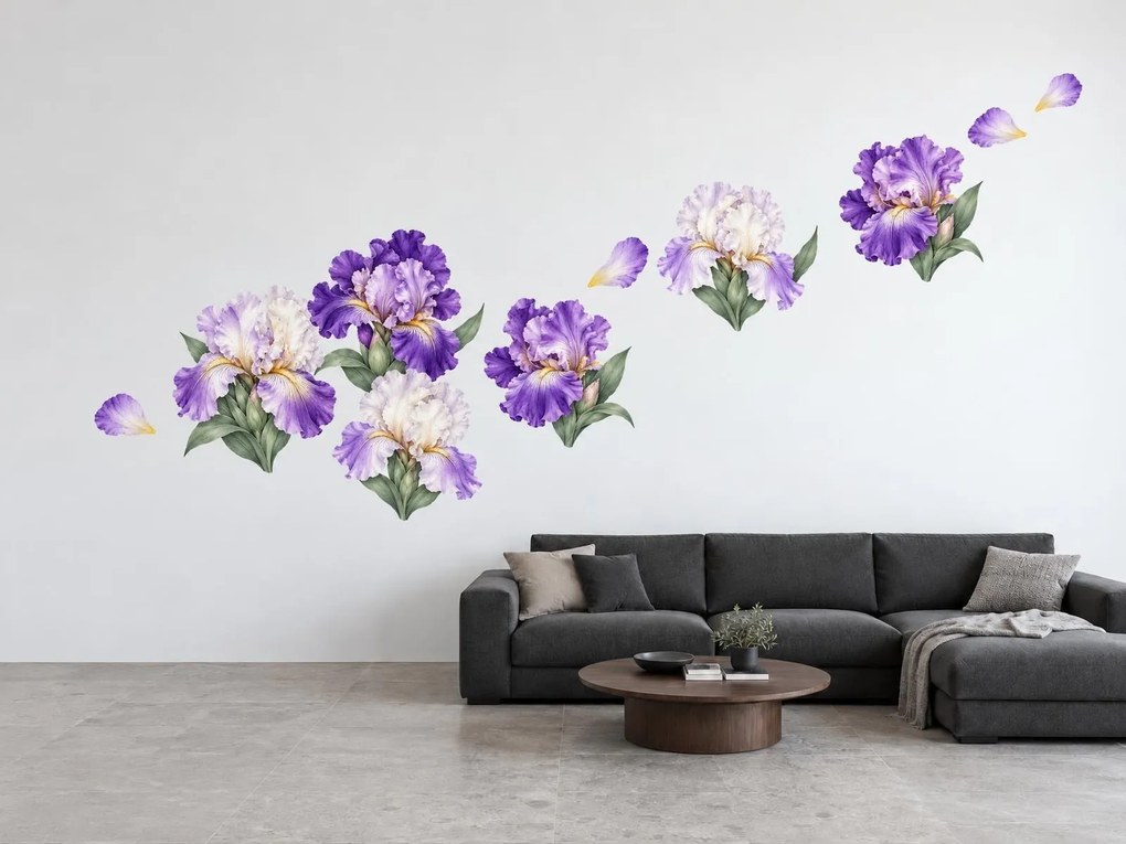Fialové a biele kosatce elegantné botanické nálepky do obývačky na stenu arch 46 x 34 cm