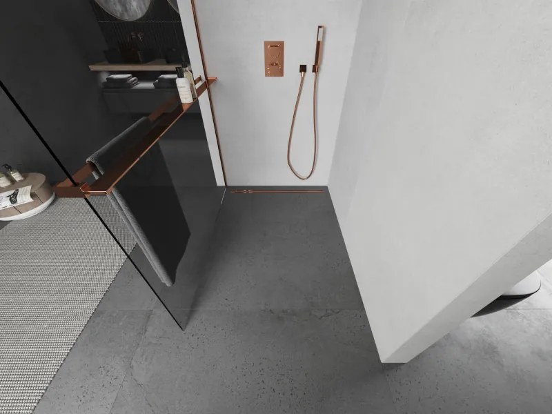 Mexen Kioto, sprchová zástena Walk-in s poličkou a vešiakom 95 x 200 cm, 8mm číre sklo, profil ružové zlato, 800-095-121-60-00
