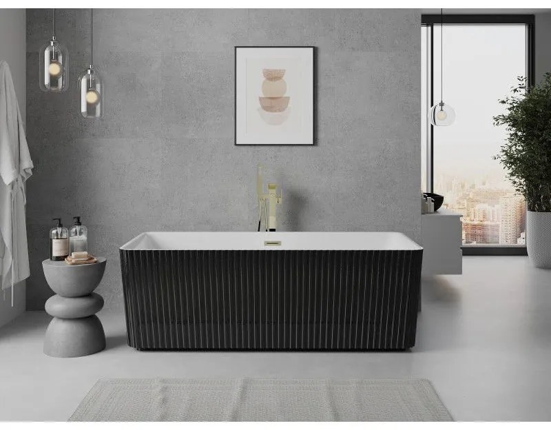 Mexen Nila, voľne stojaca ryhovaná vaňa 170 x 75 cm, biela-čierna, zlatý lesklý prepad, 52841708075-50