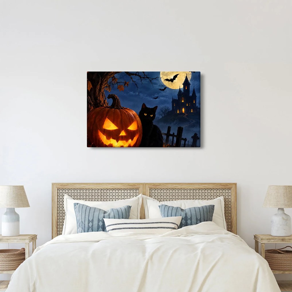 Obraz - Čierna mačka pri svietiacej tekvici na Halloween (90x60 cm)