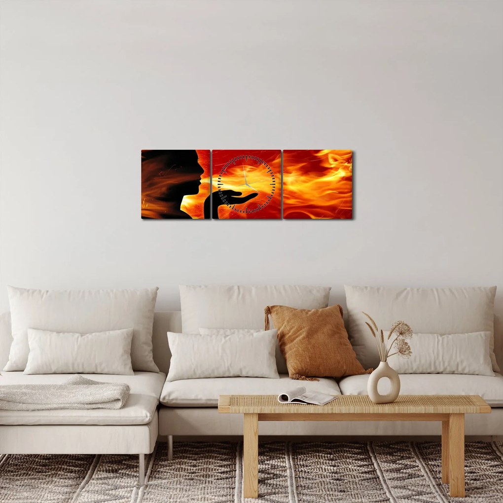 Obraz zeny s plameňmi (s hodinami) (90x30 cm)