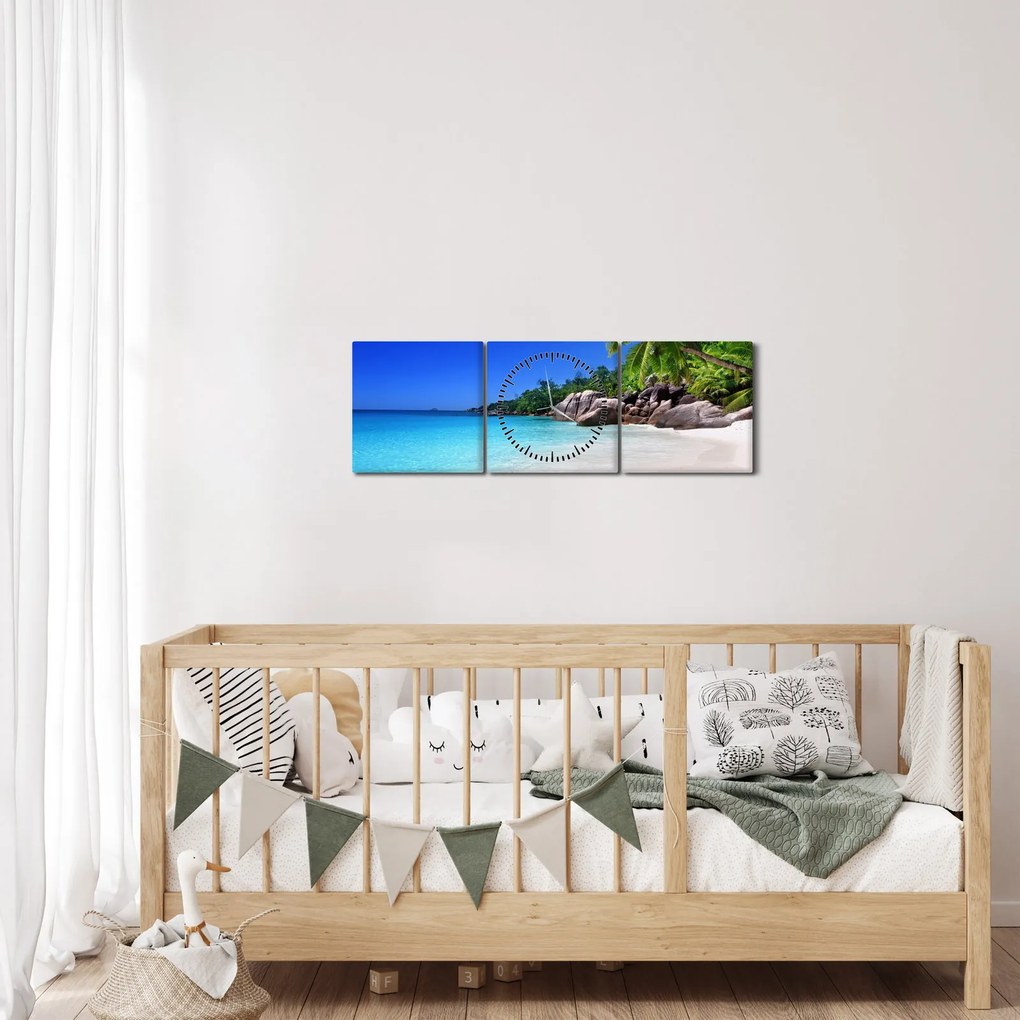 Obraz pláže na Praslin ostrove (s hodinami) (90x30 cm)