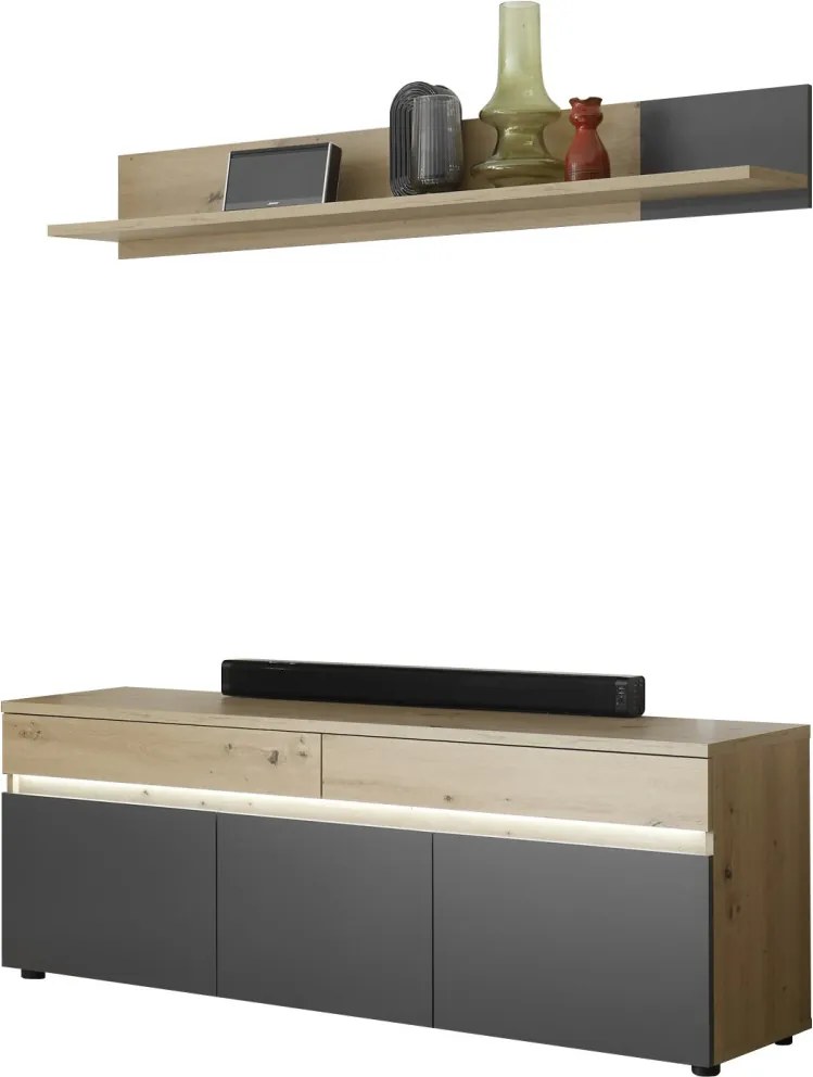 TV skříňka s policí Lille, dub artisan/antracit, s osvětlením